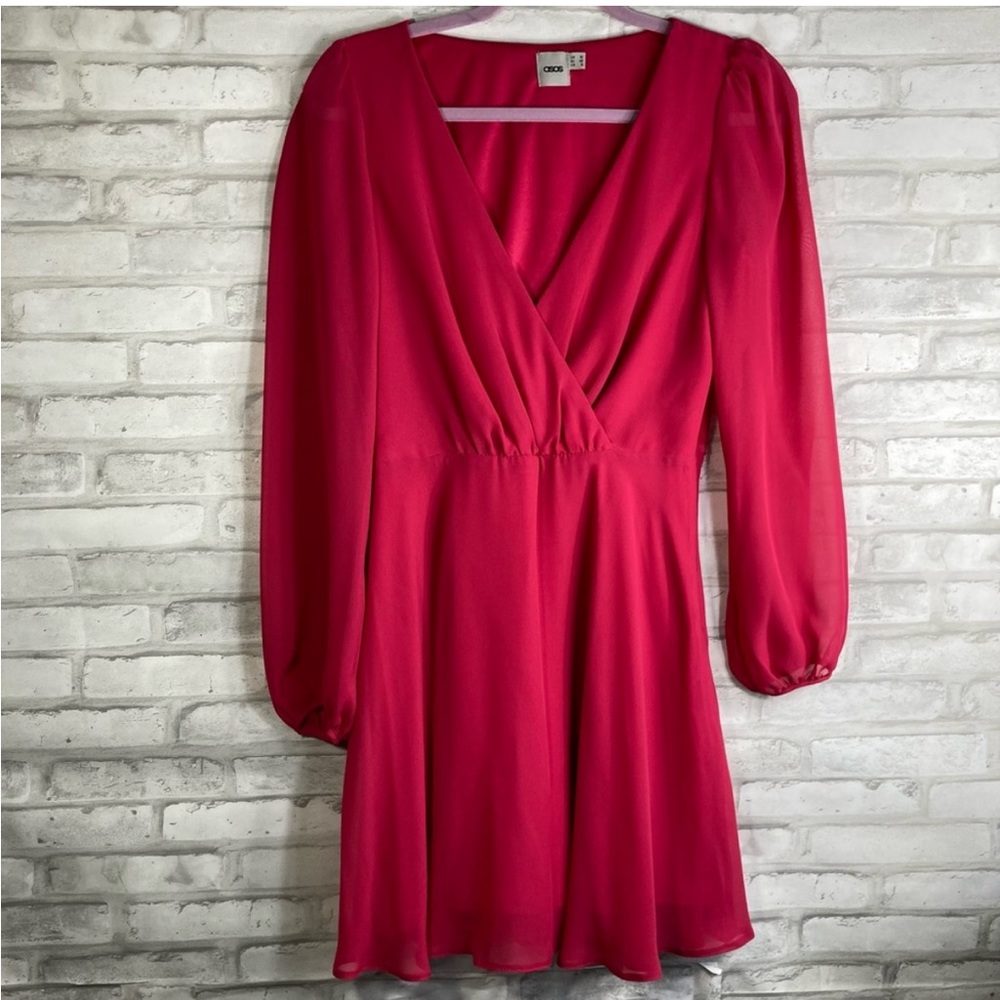 ASOS Women's Fuchsia Long Sleeve Faux Wrap Dress Size 6